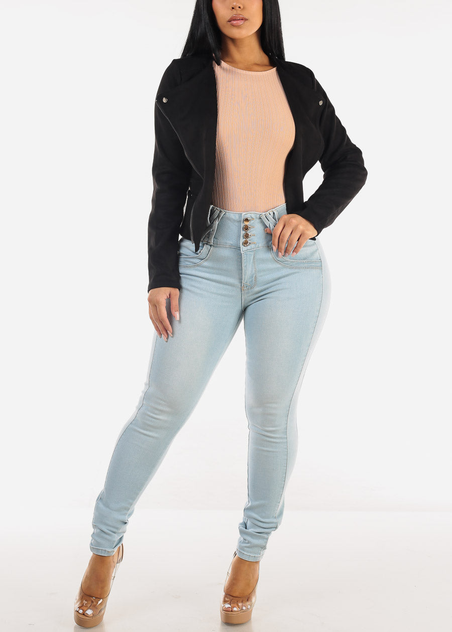 Black Long Sleeve Suede Crop Moto Jacket