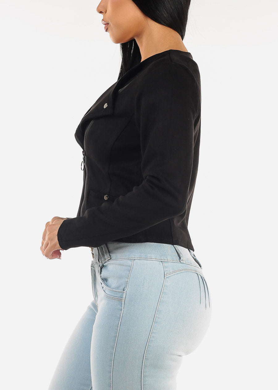 Black Long Sleeve Suede Crop Moto Jacket