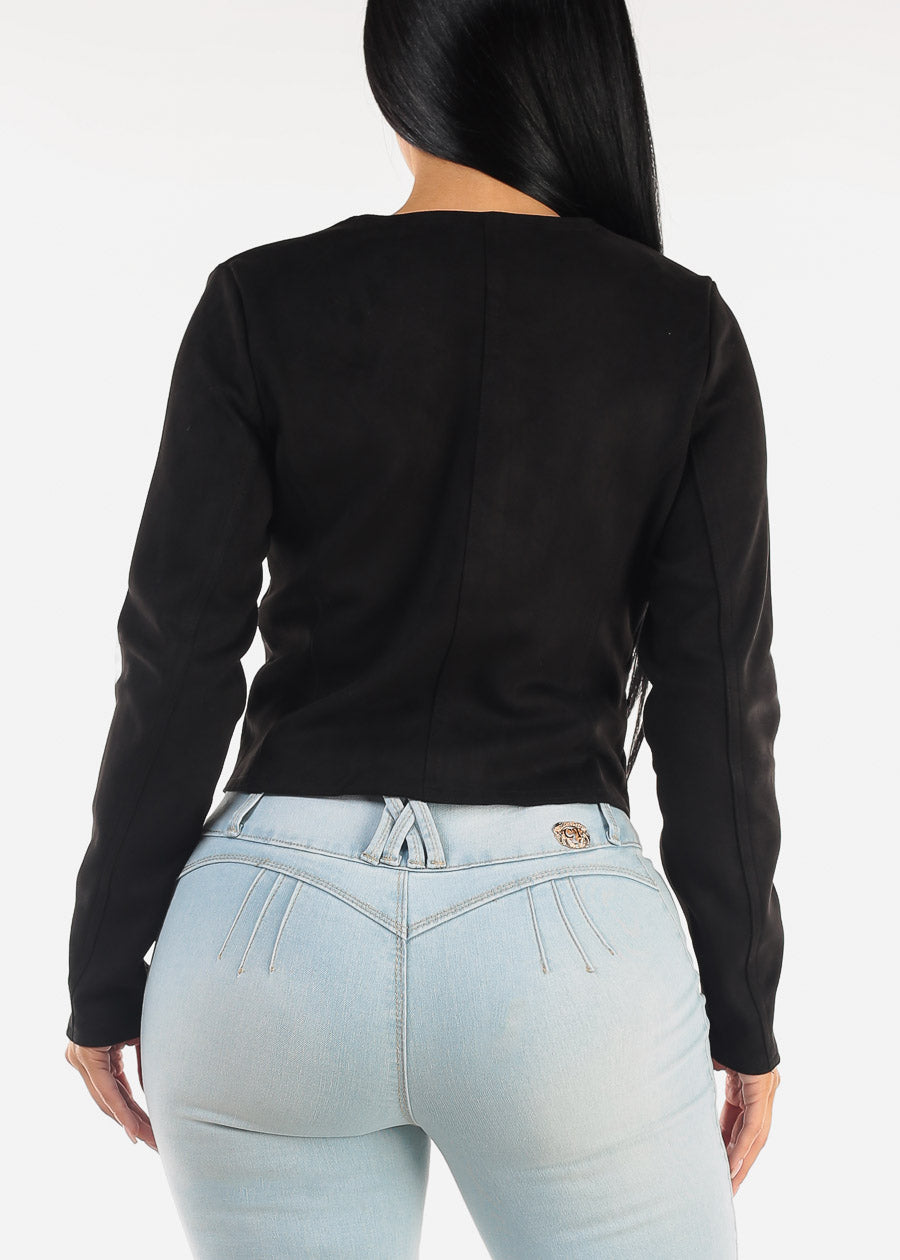 Black Long Sleeve Suede Crop Moto Jacket