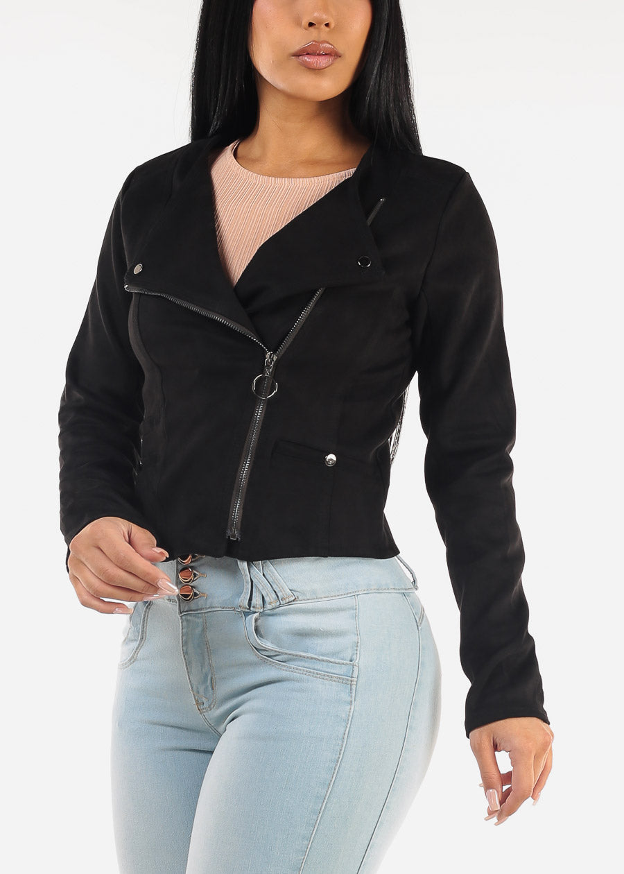 Black Long Sleeve Suede Crop Moto Jacket