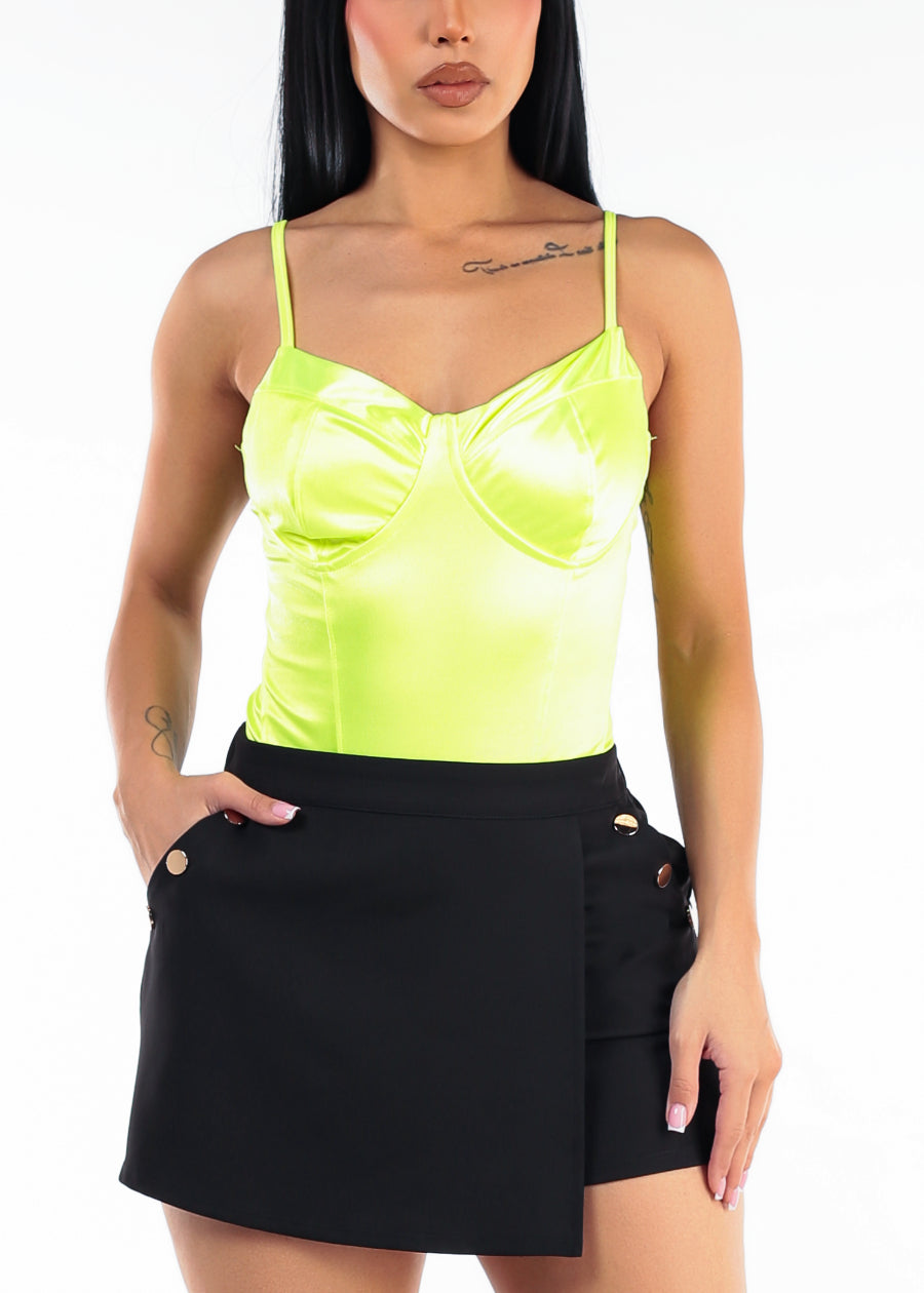 Sweetheart Neck Satin Stretch Thong Bodysuit Neon Yellow