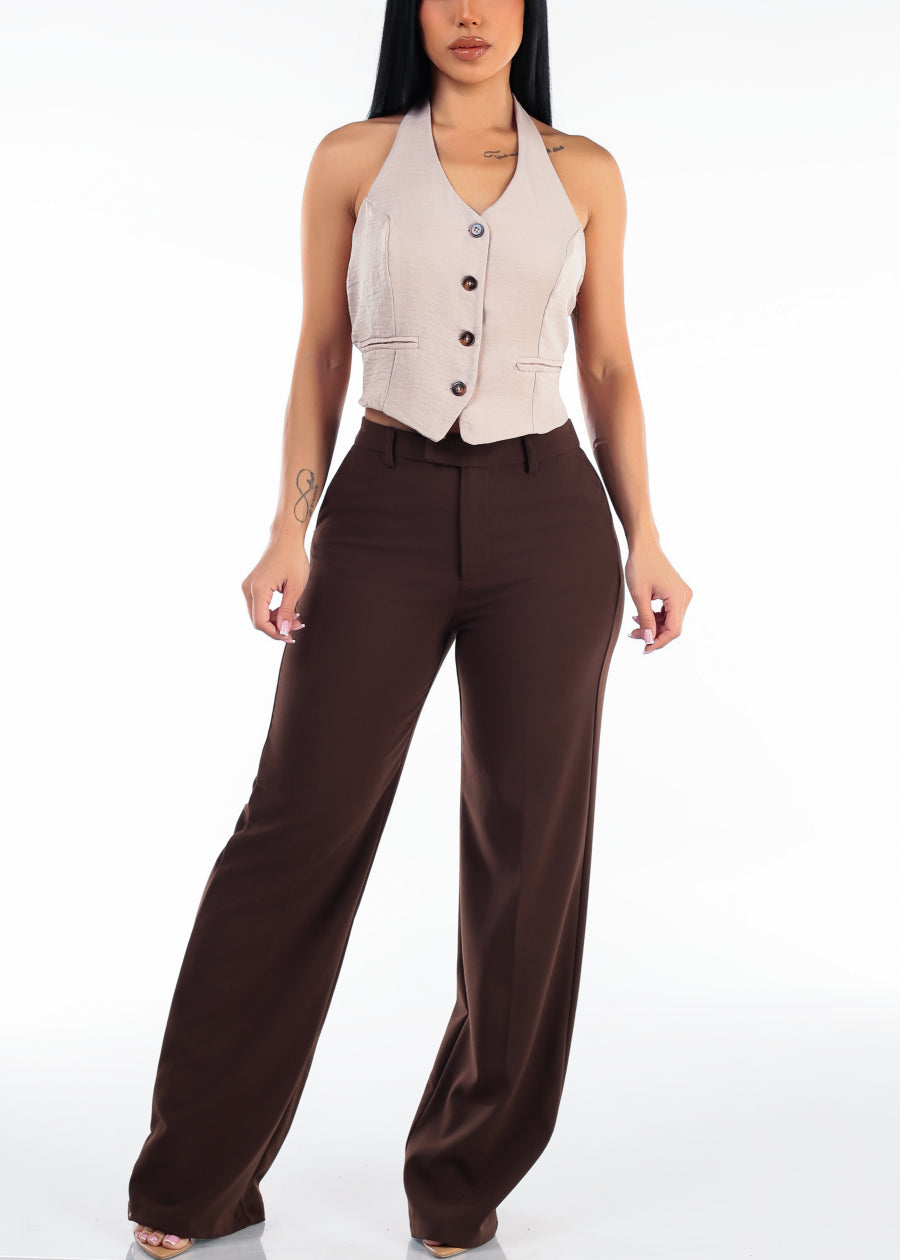 Button Up Halter Vest Blouse Taupe