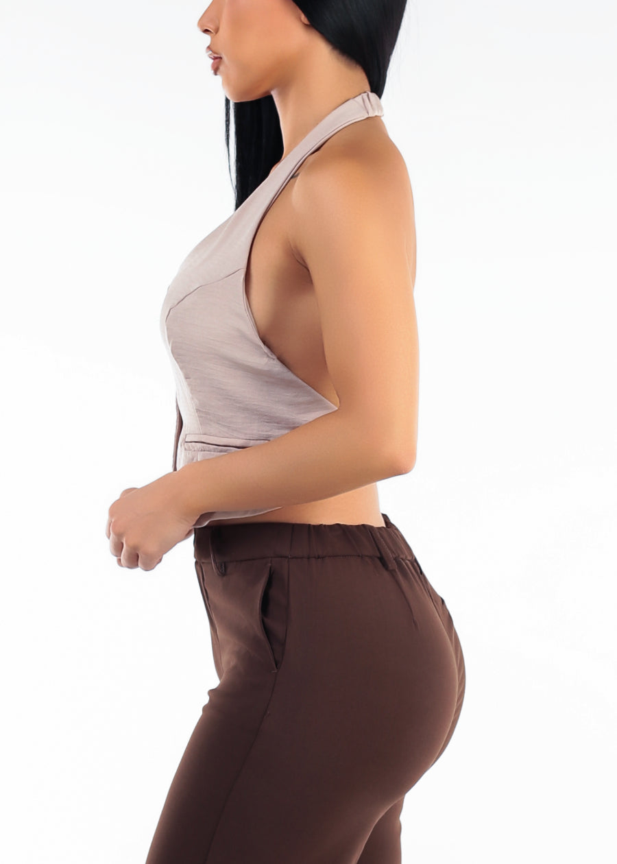 Button Up Halter Vest Blouse Taupe