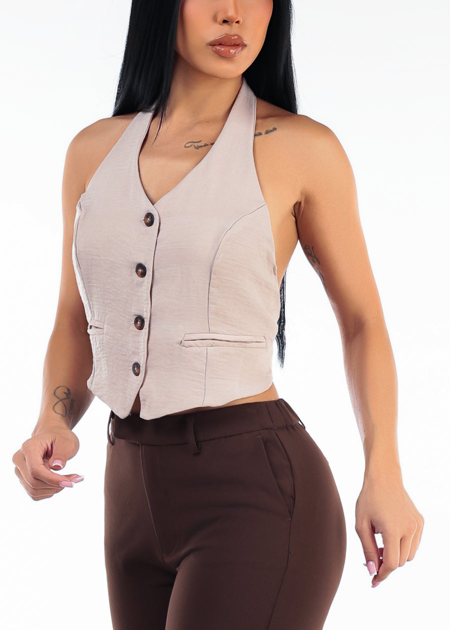 Button Up Halter Vest Blouse Taupe