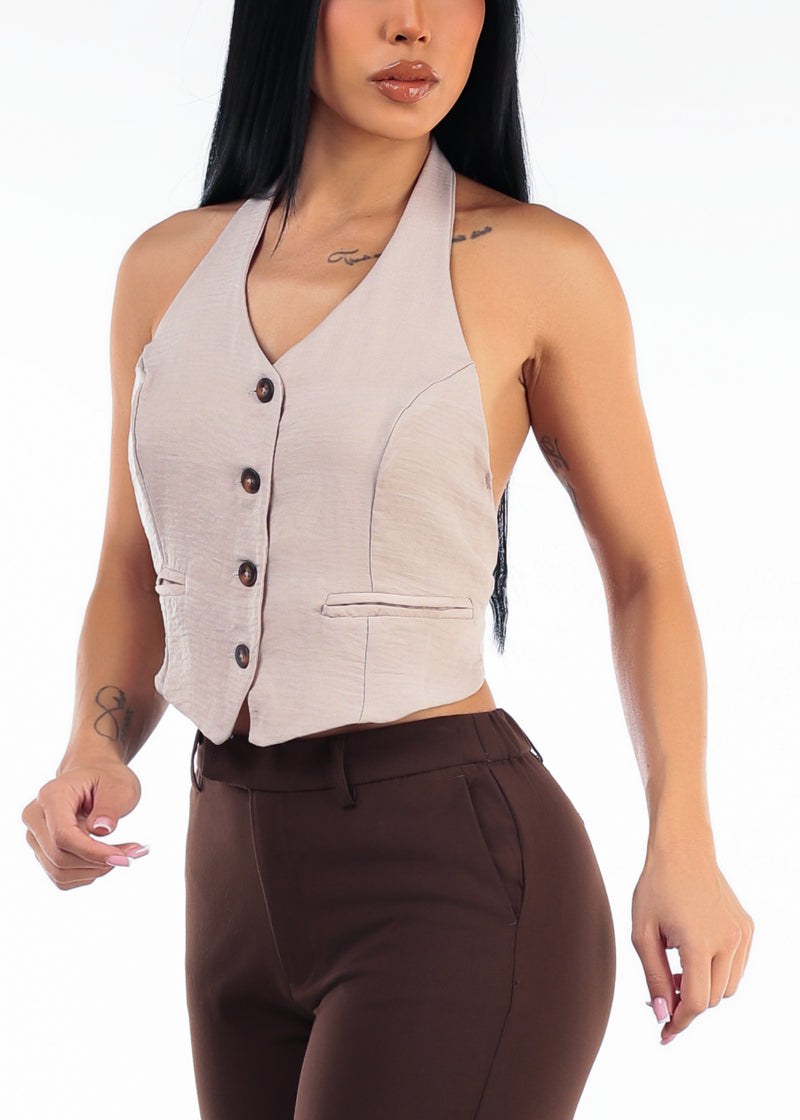 Button Up Halter Vest Blouse Taupe