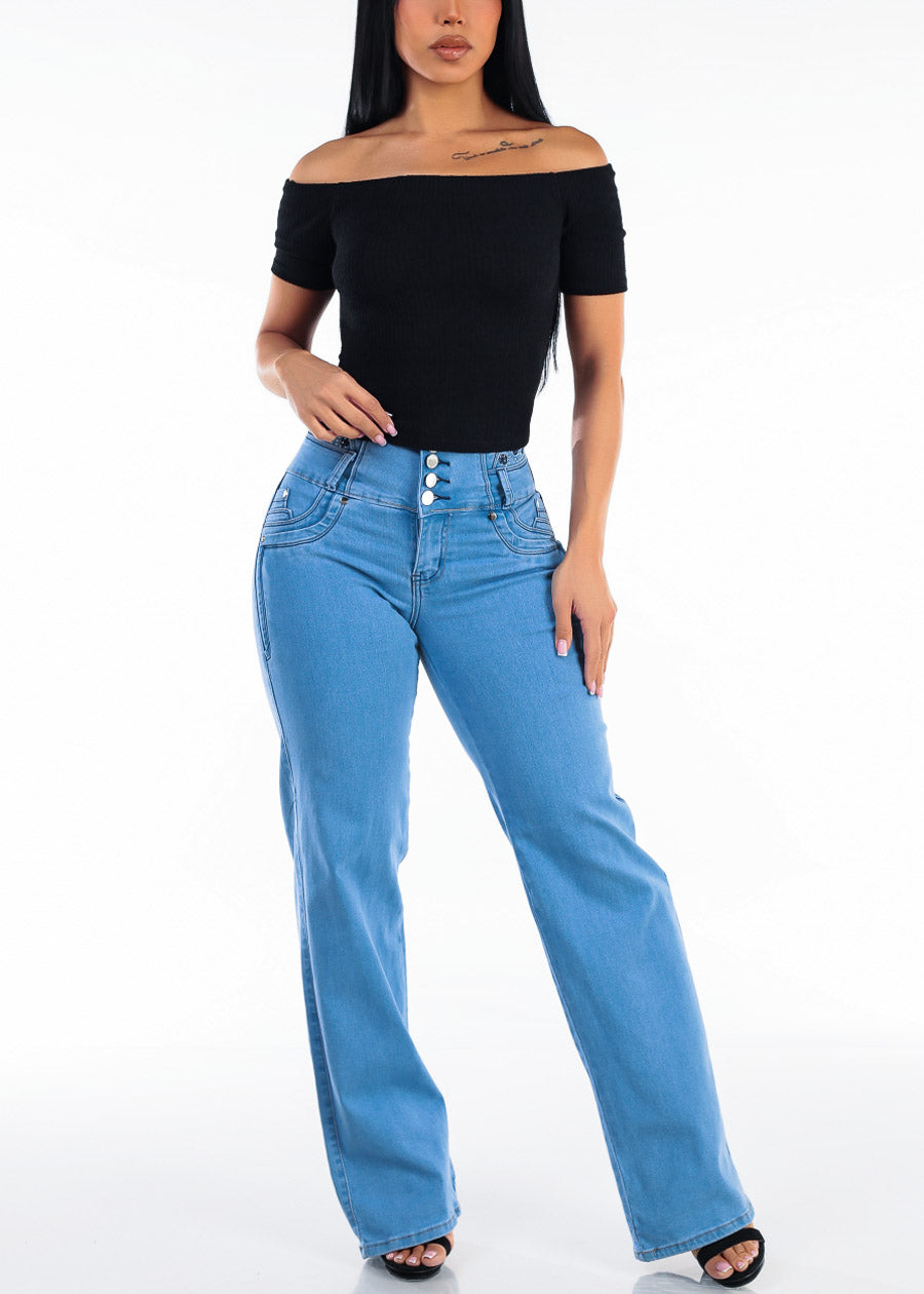 Off Shoulder Ribbed Stretch Crop Top Black