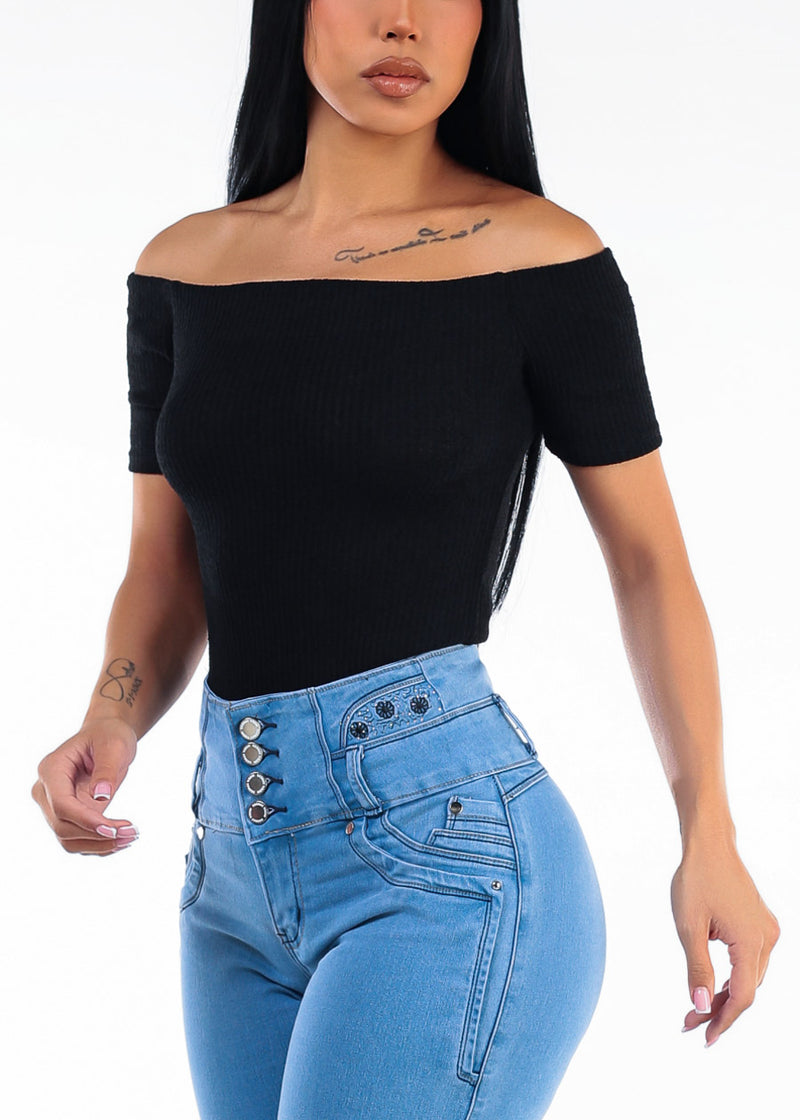 Off Shoulder Ribbed Stretch Crop Top Black