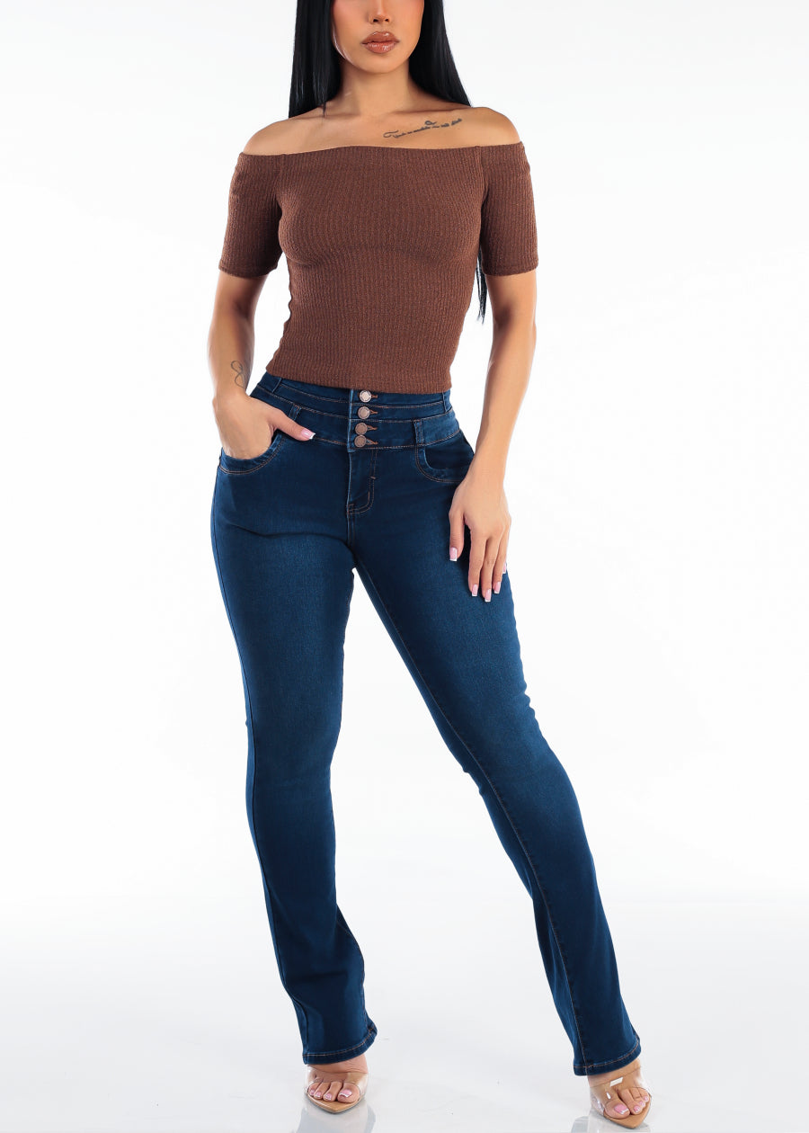 Off Shoulder Ribbed Stretch Crop Top Brown