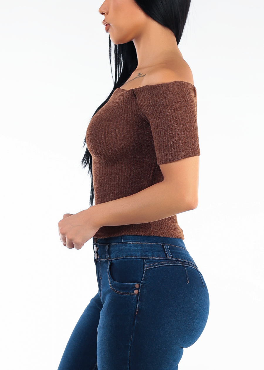 Off Shoulder Ribbed Stretch Crop Top Brown