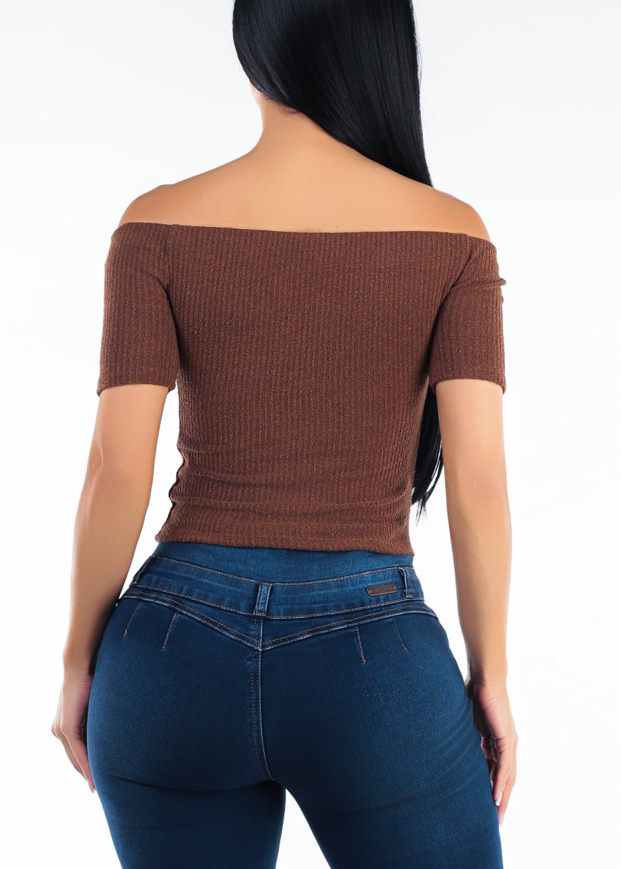 Off Shoulder Ribbed Stretch Crop Top Brown