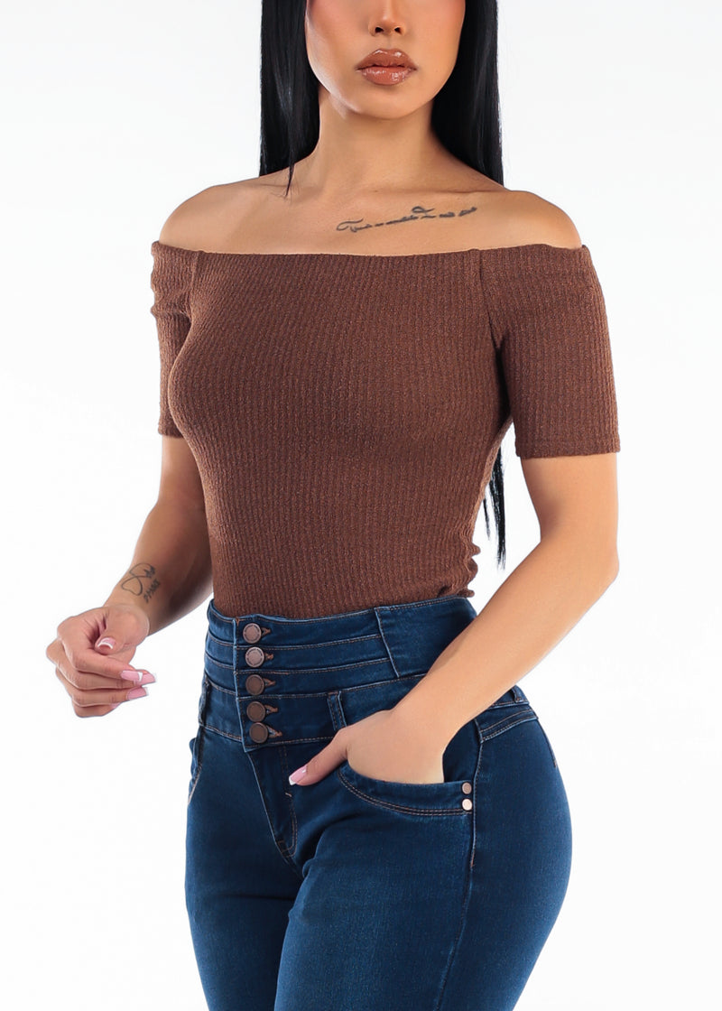 Off Shoulder Ribbed Stretch Crop Top Brown