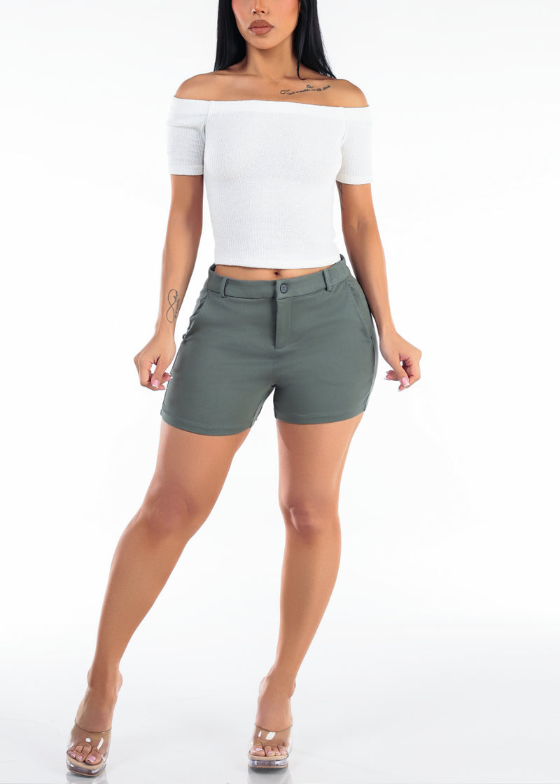 Off Shoulder Ribbed Stretch Crop Top Off White