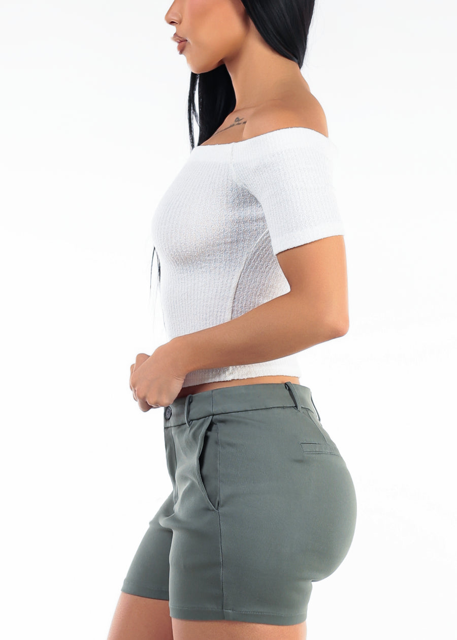 Off Shoulder Ribbed Stretch Crop Top Off White