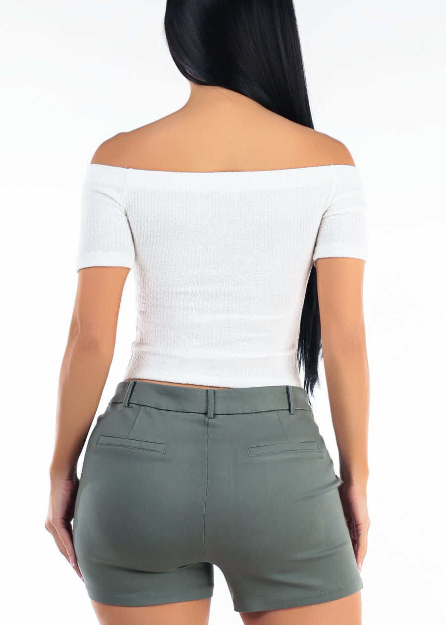 Off Shoulder Ribbed Stretch Crop Top Off White