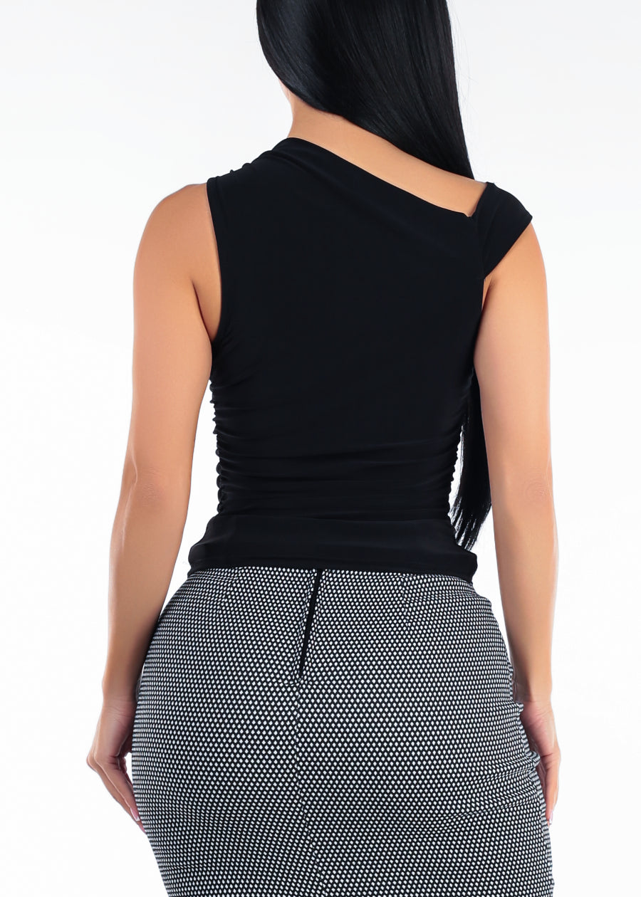 Stretchy Asymmetrical Neckline Ruched Blouse Black
