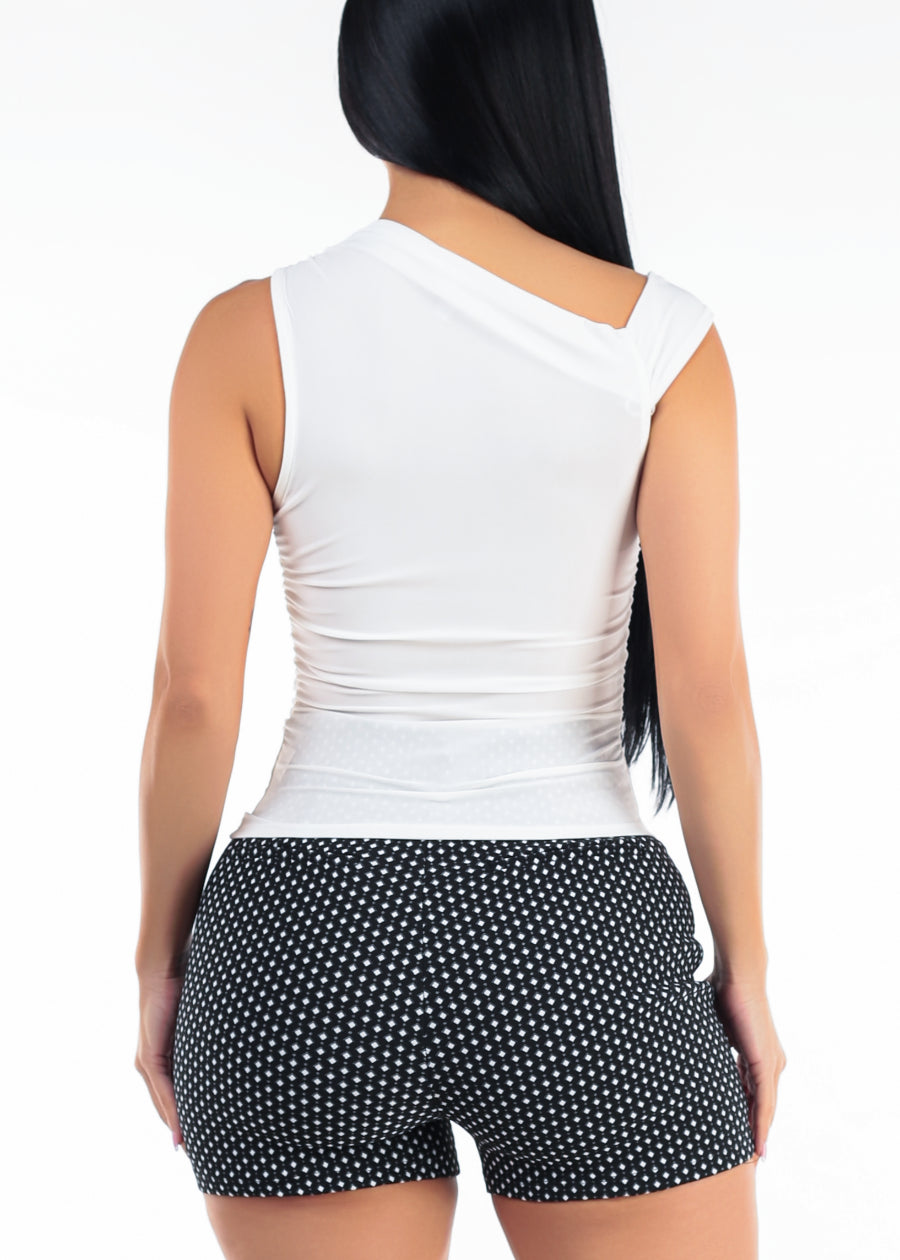 Stretchy Asymmetrical Neckline Ruched Blouse Off White