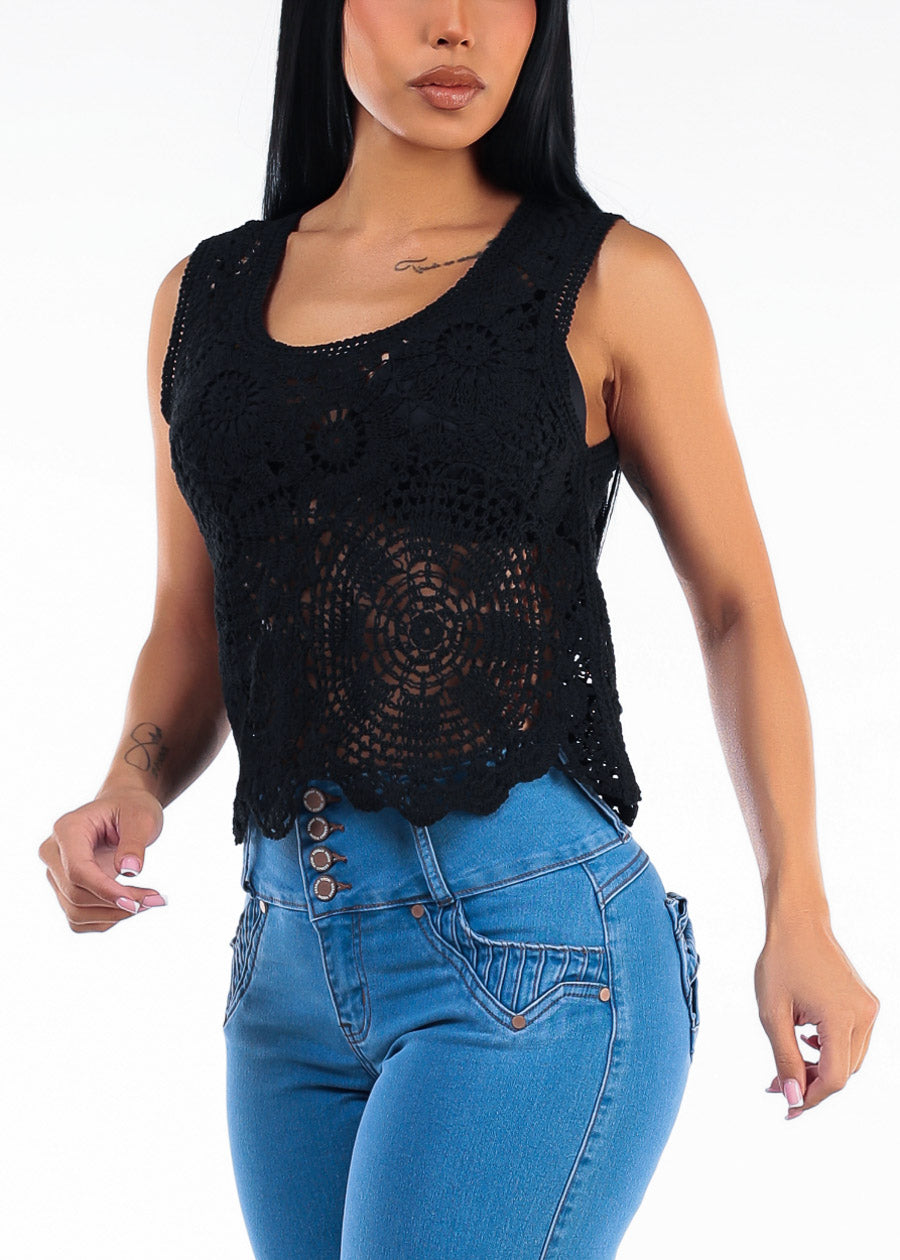 Sleeveless Floral Crochet Blouse Black