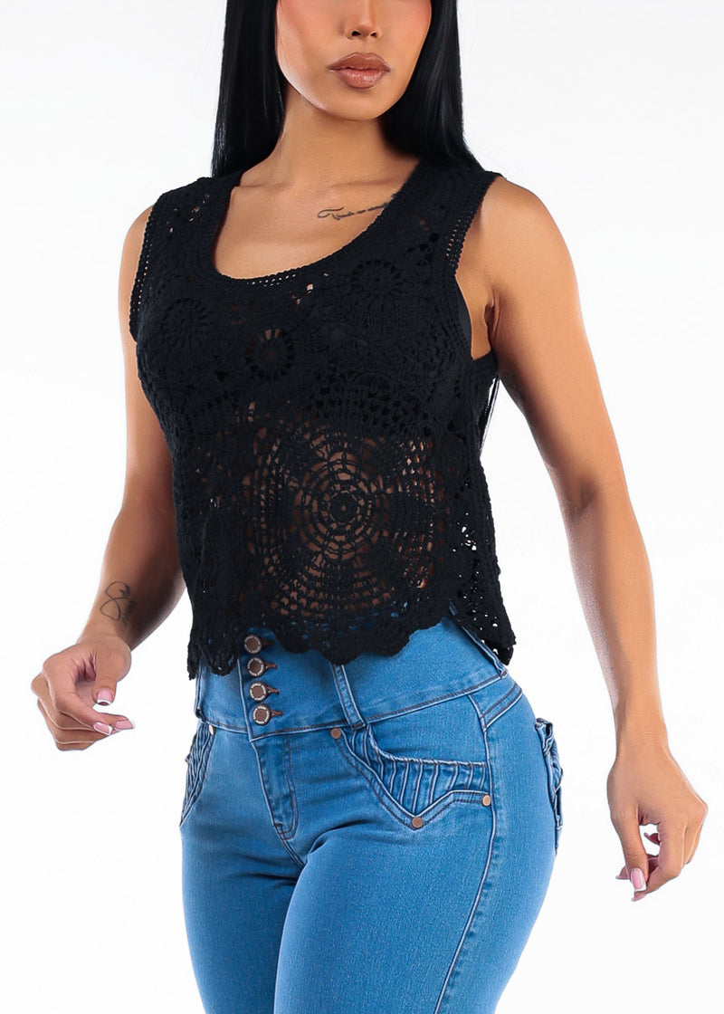 Sleeveless Floral Crochet Blouse Black