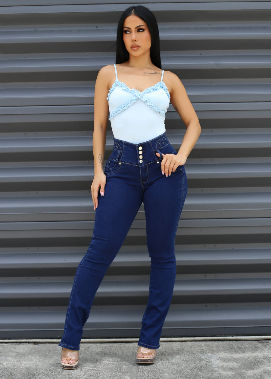 Sleeveless Vneck Stretch Bodysuit Light Blue w Ruffle Detail