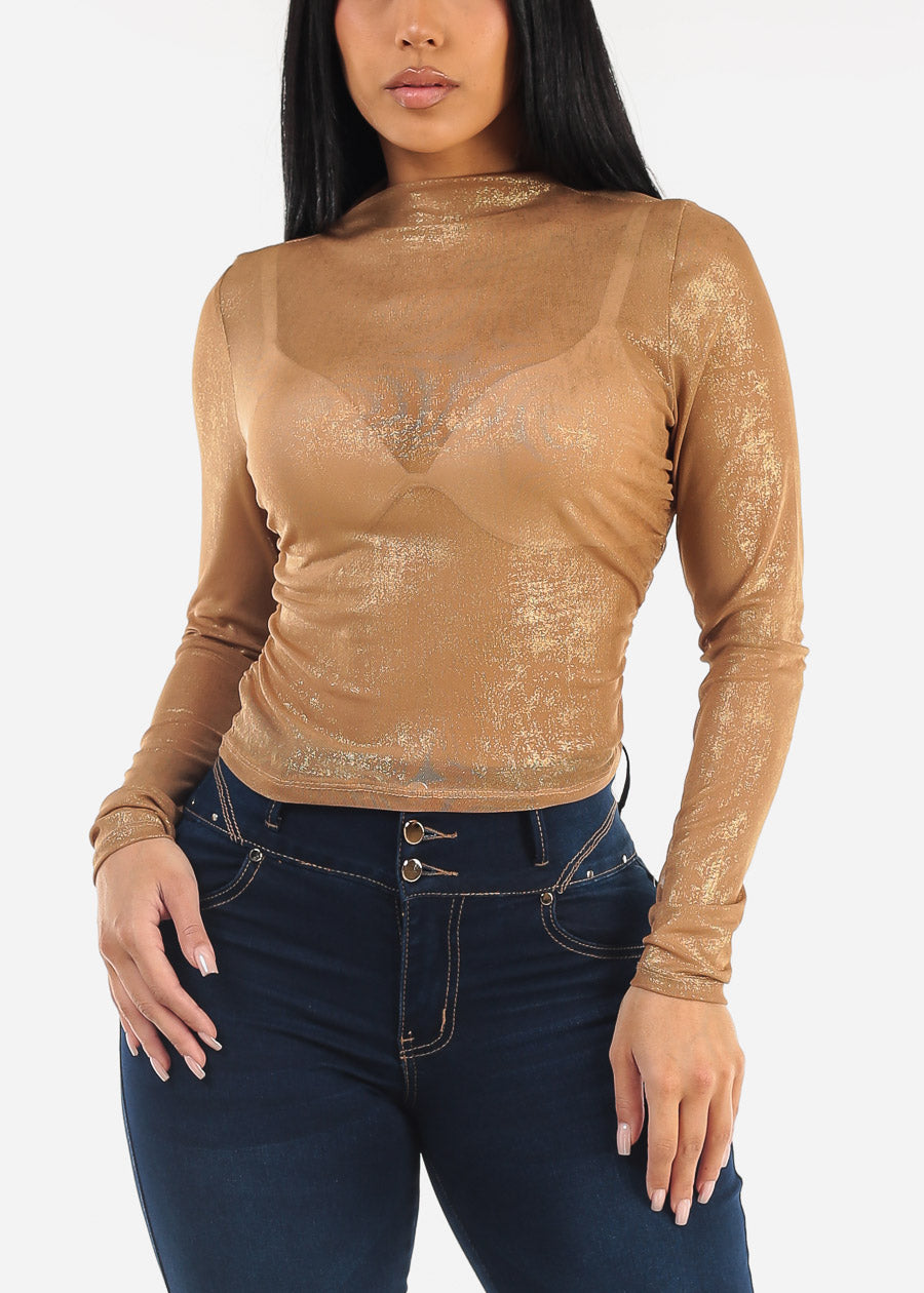 Long Sleeve Glittery Shirred Mesh Top Taupe