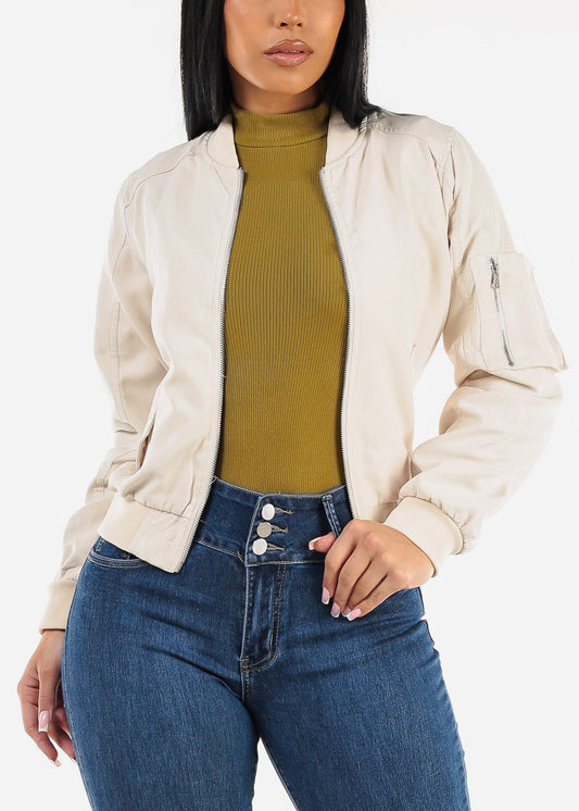 Long Sleeve Zip Up Bomber Jacket Cream