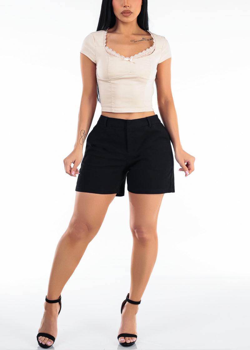 Short Sleeve Sweetheart Neckline Stretch Crop Top Beige w Lace Trim