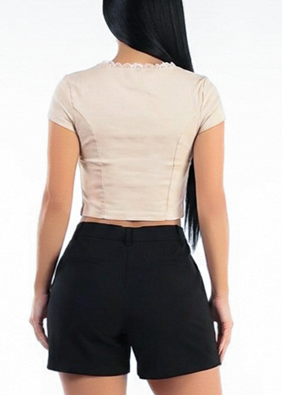 Short Sleeve Sweetheart Neckline Stretch Crop Top Beige w Lace Trim