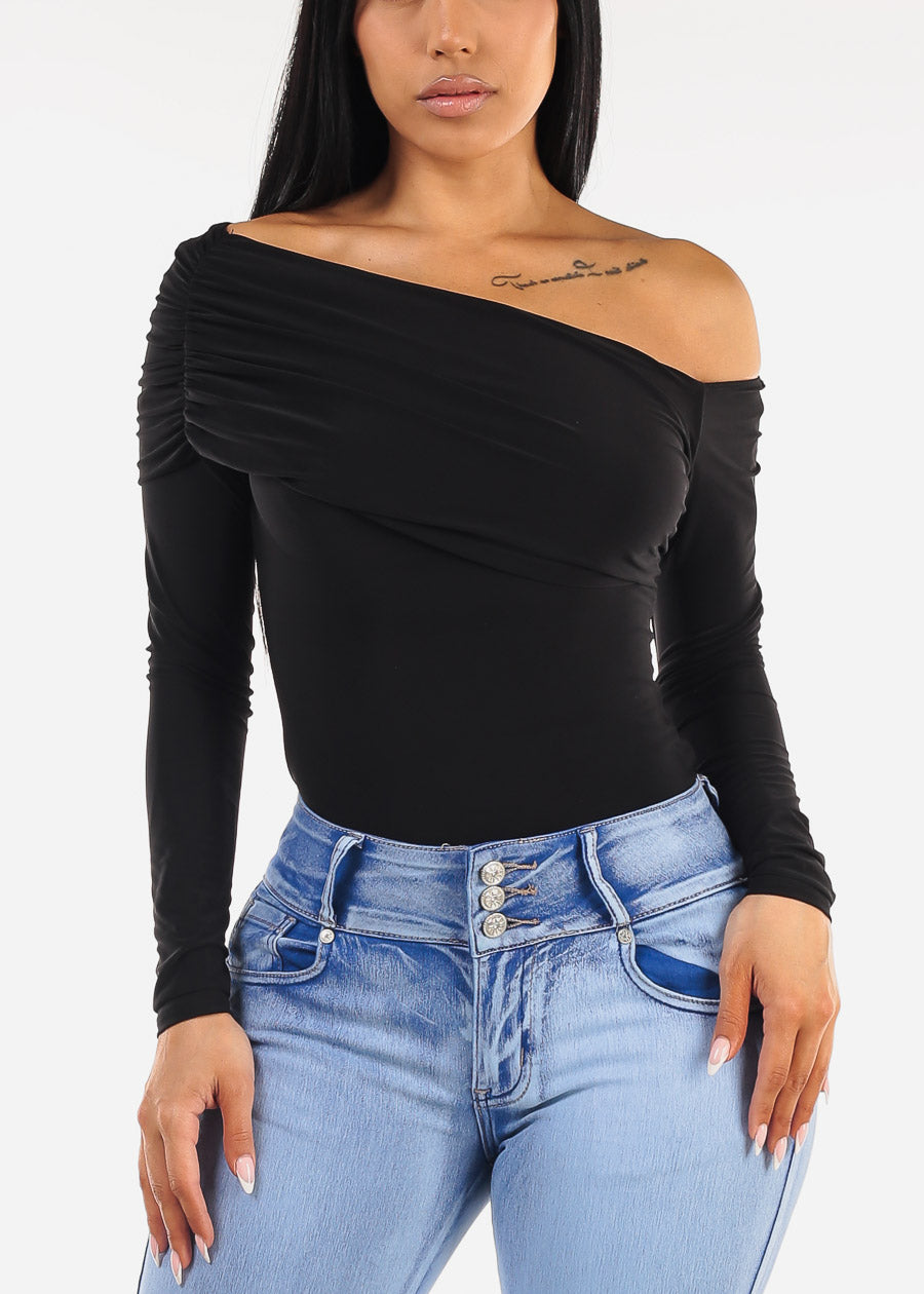 Ruched Long Sleeve Off Shoulder Blouse Black