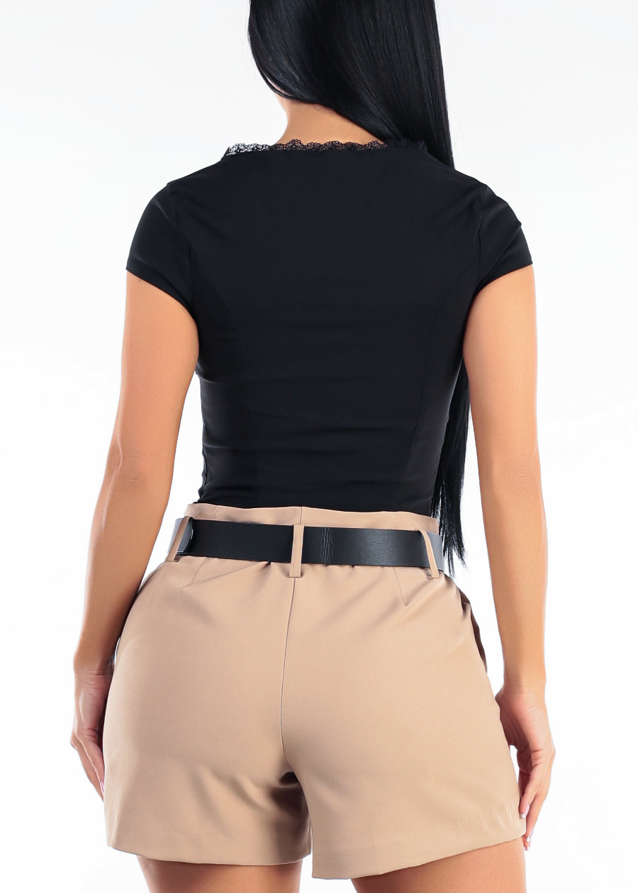 Short Sleeve Sweetheart Neckline Stretch Crop Top Black w Lace Trim