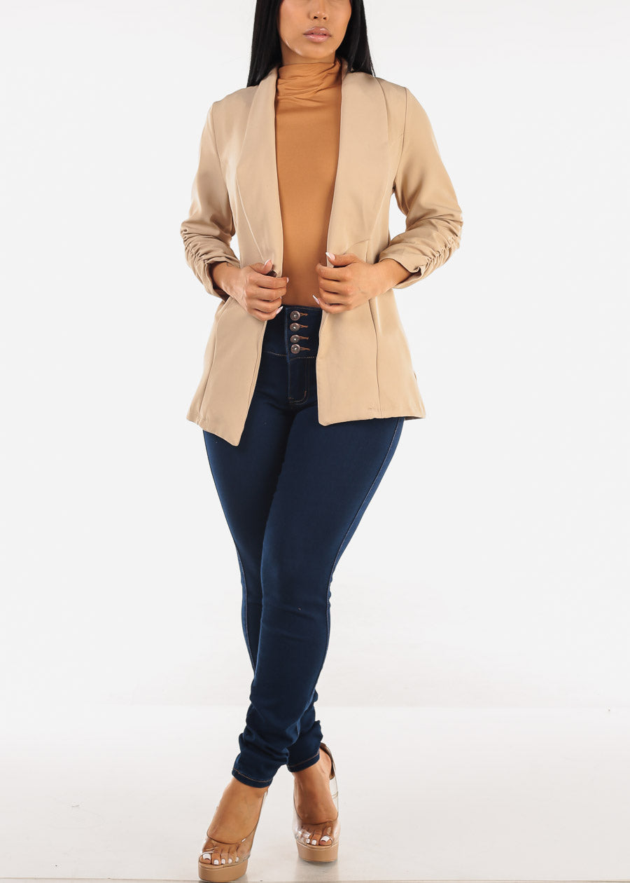 Quarter Sleeve Open Front Blazer Beige