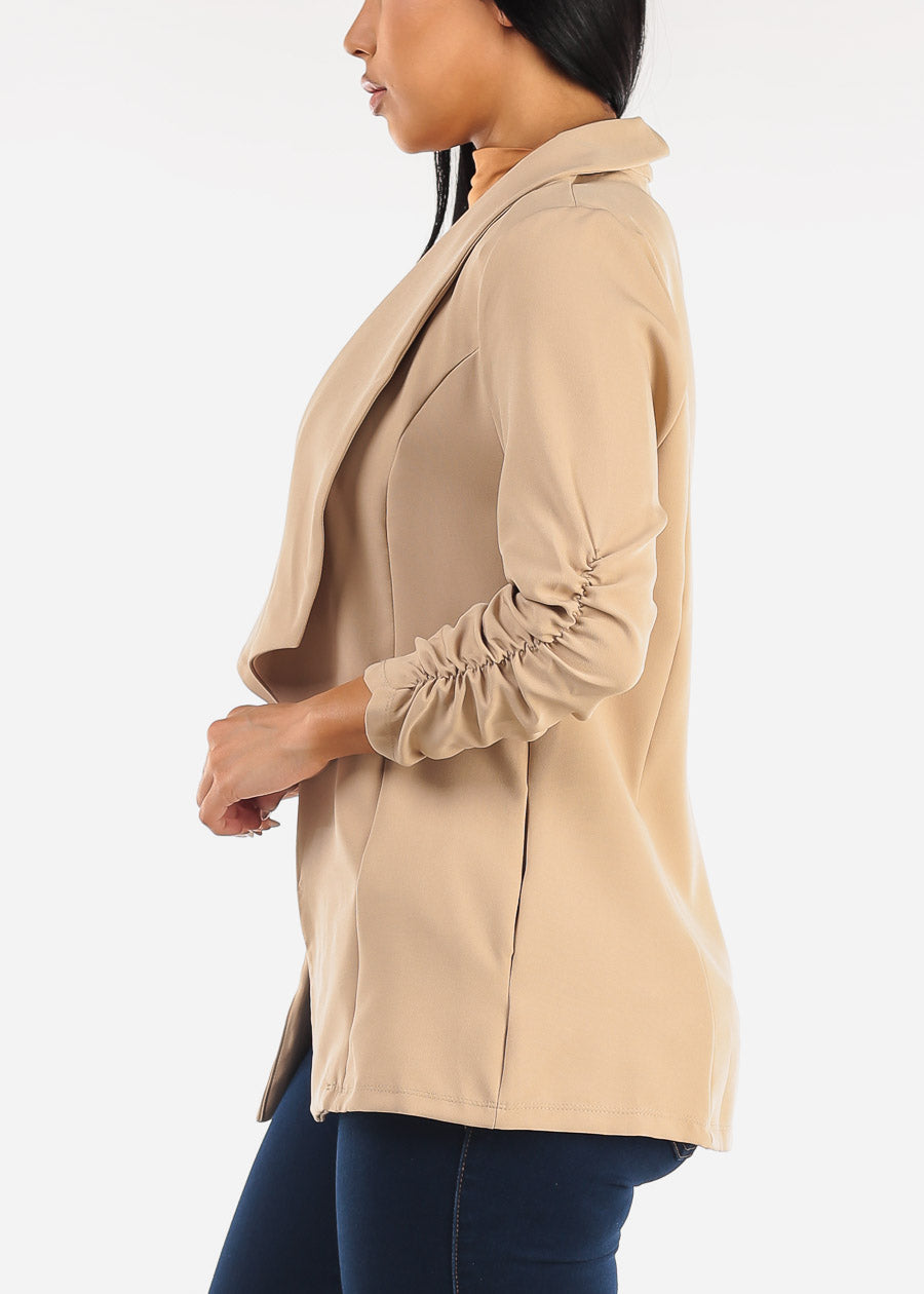 Quarter Sleeve Open Front Blazer Beige