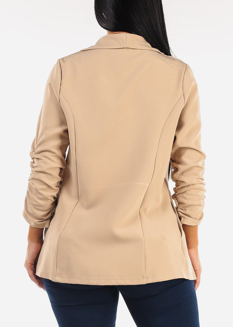 Quarter Sleeve Open Front Blazer Beige