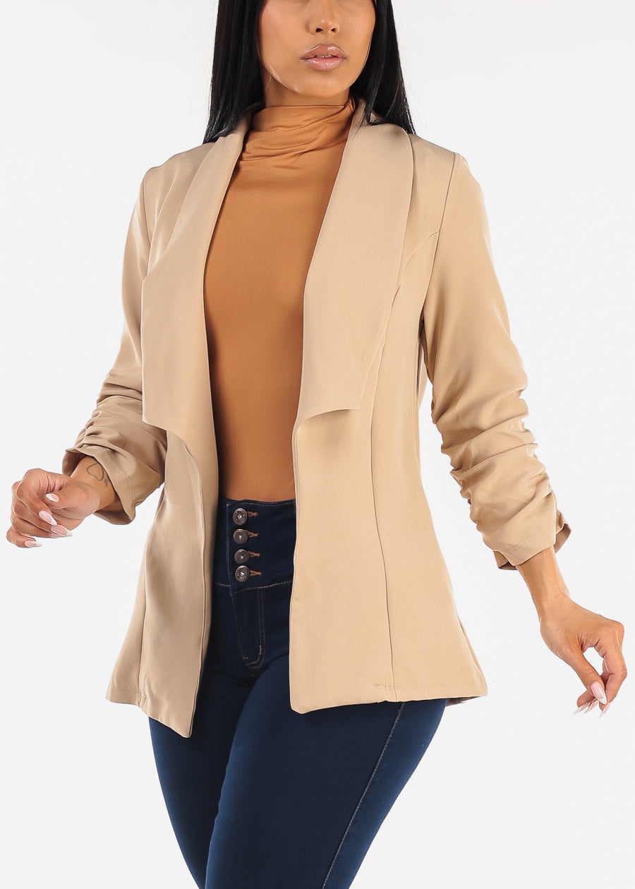 Quarter Sleeve Open Front Blazer Beige