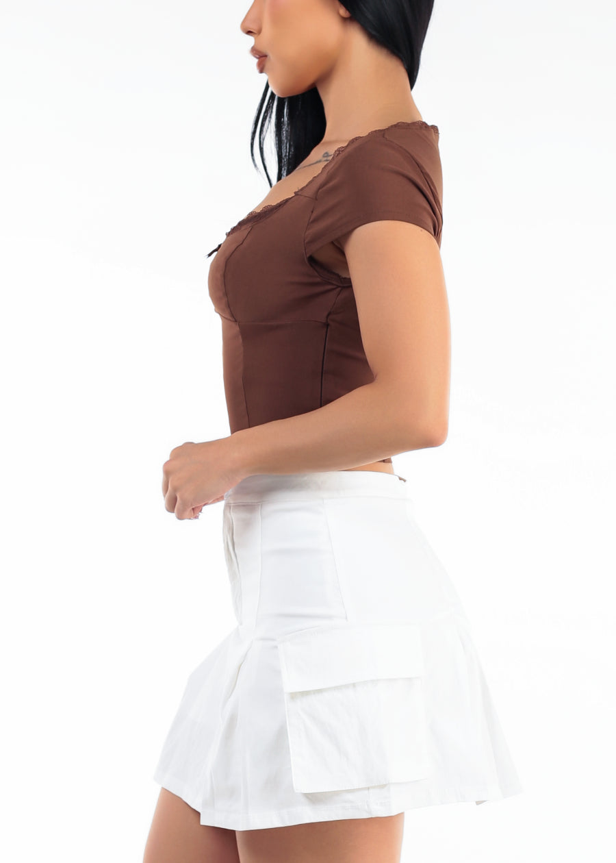Short Sleeve Sweetheart Neckline Stretch Crop Top Brown w Lace Trim