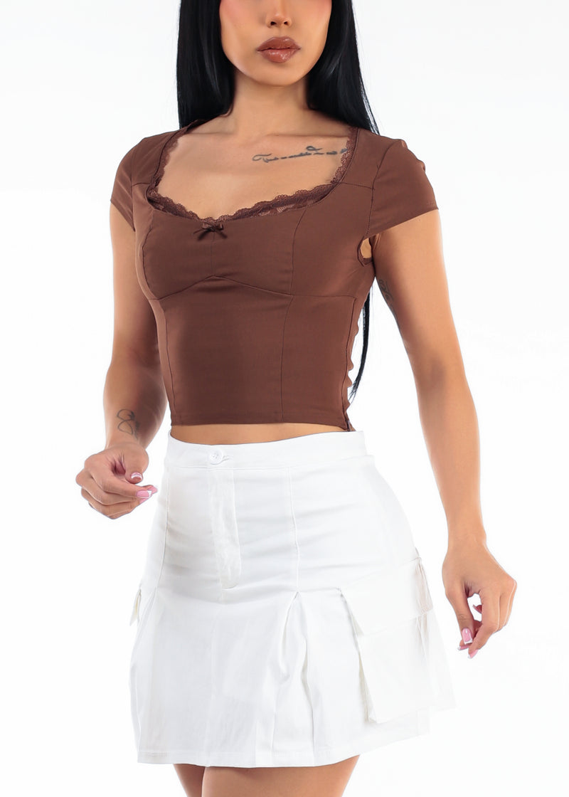 Short Sleeve Sweetheart Neckline Stretch Crop Top Brown w Lace Trim