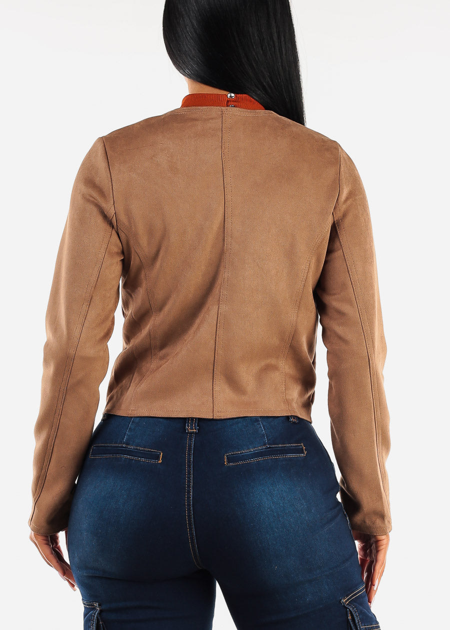 Long Sleeve Suede Crop Moto Jacket Taupe