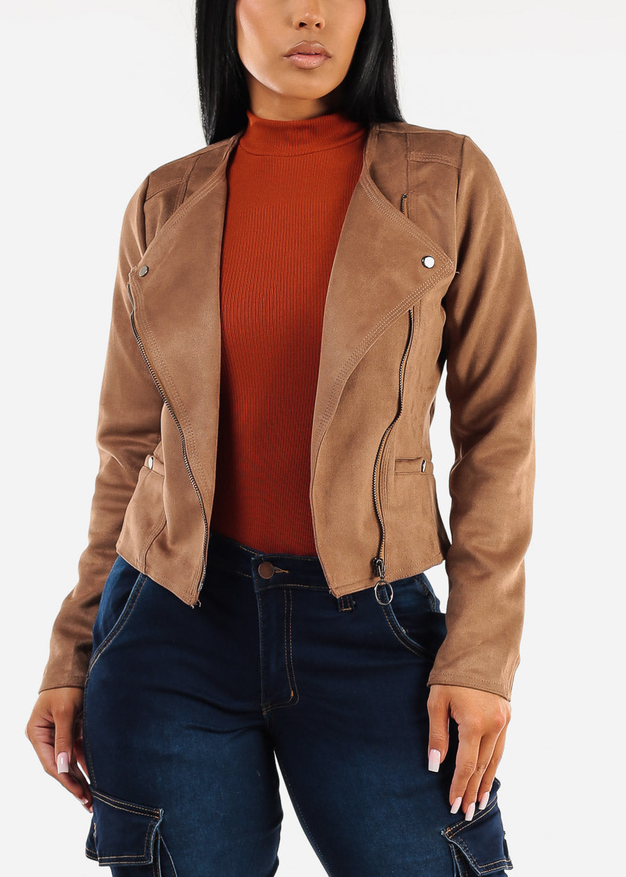 Long Sleeve Suede Crop Moto Jacket Taupe