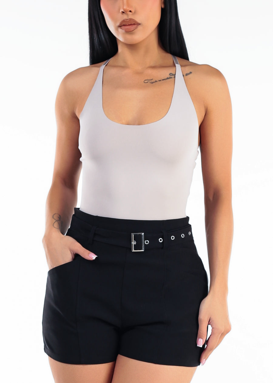 Scoop Neck Racerback Stretch Thong Bodysuit Light Mocha