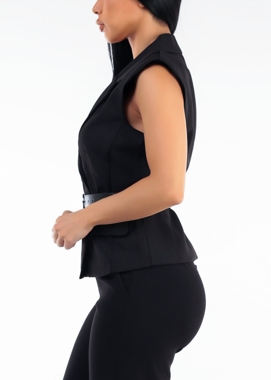 Sleeveless Collared Belted Tailored Vest Blouse Black