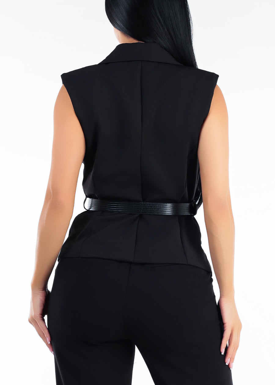 Sleeveless Collared Belted Tailored Vest Blouse Black