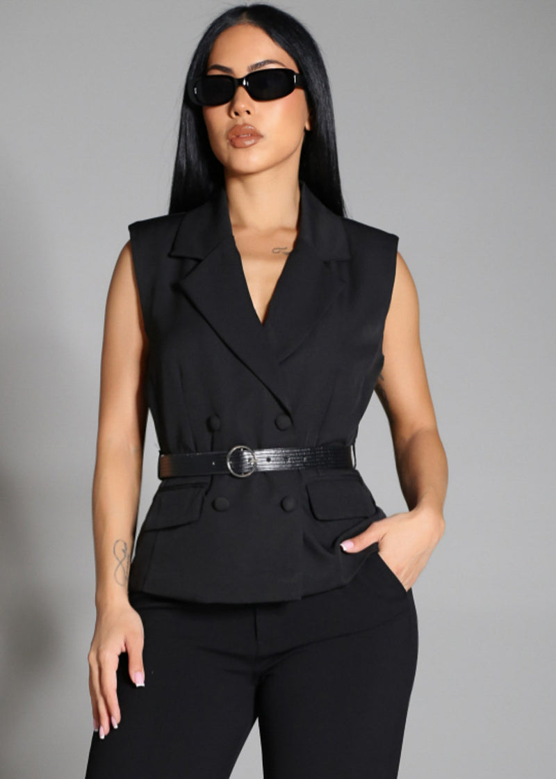 Sleeveless Collared Belted Tailored Vest Blouse Black