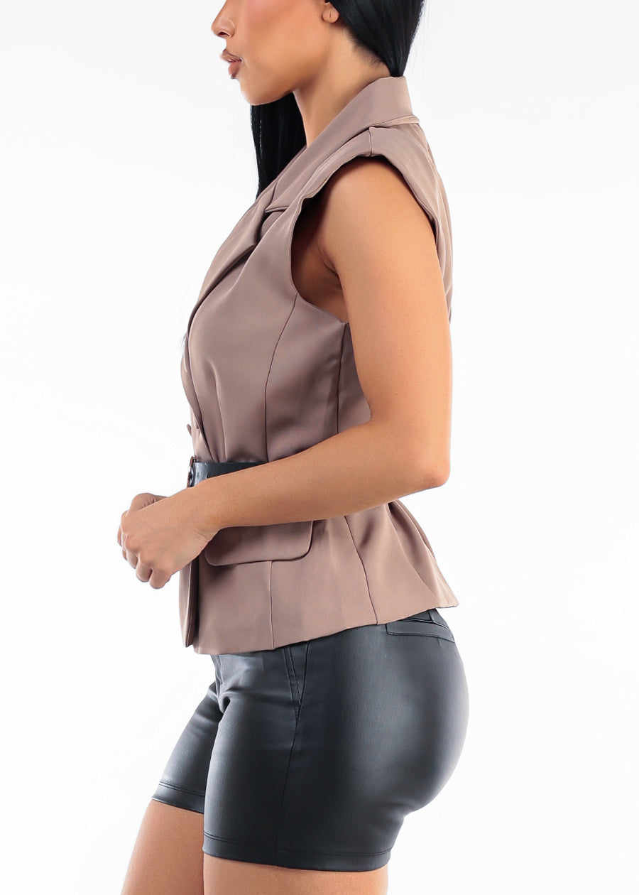 Sleeveless Collared Belted Tailored Vest Blouse Taupe