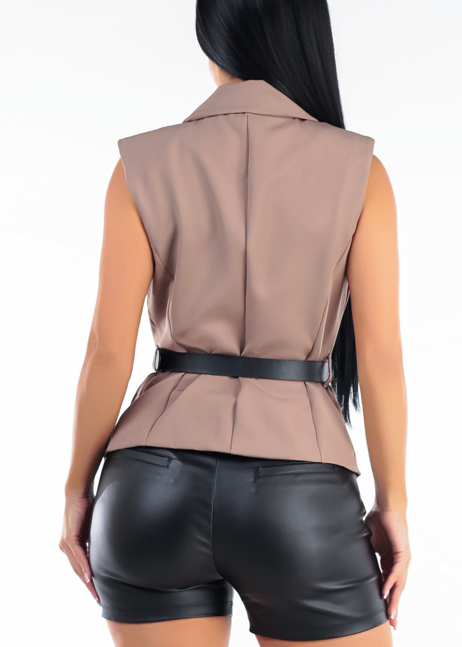 Sleeveless Collared Belted Tailored Vest Blouse Taupe