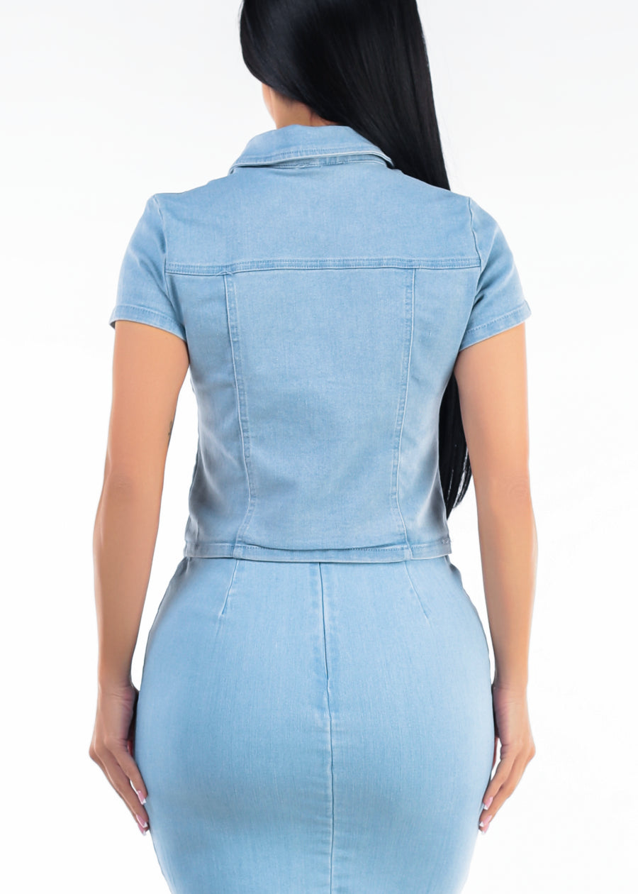Short Sleeve Button Up Stretch Denim Blouse Light Blue