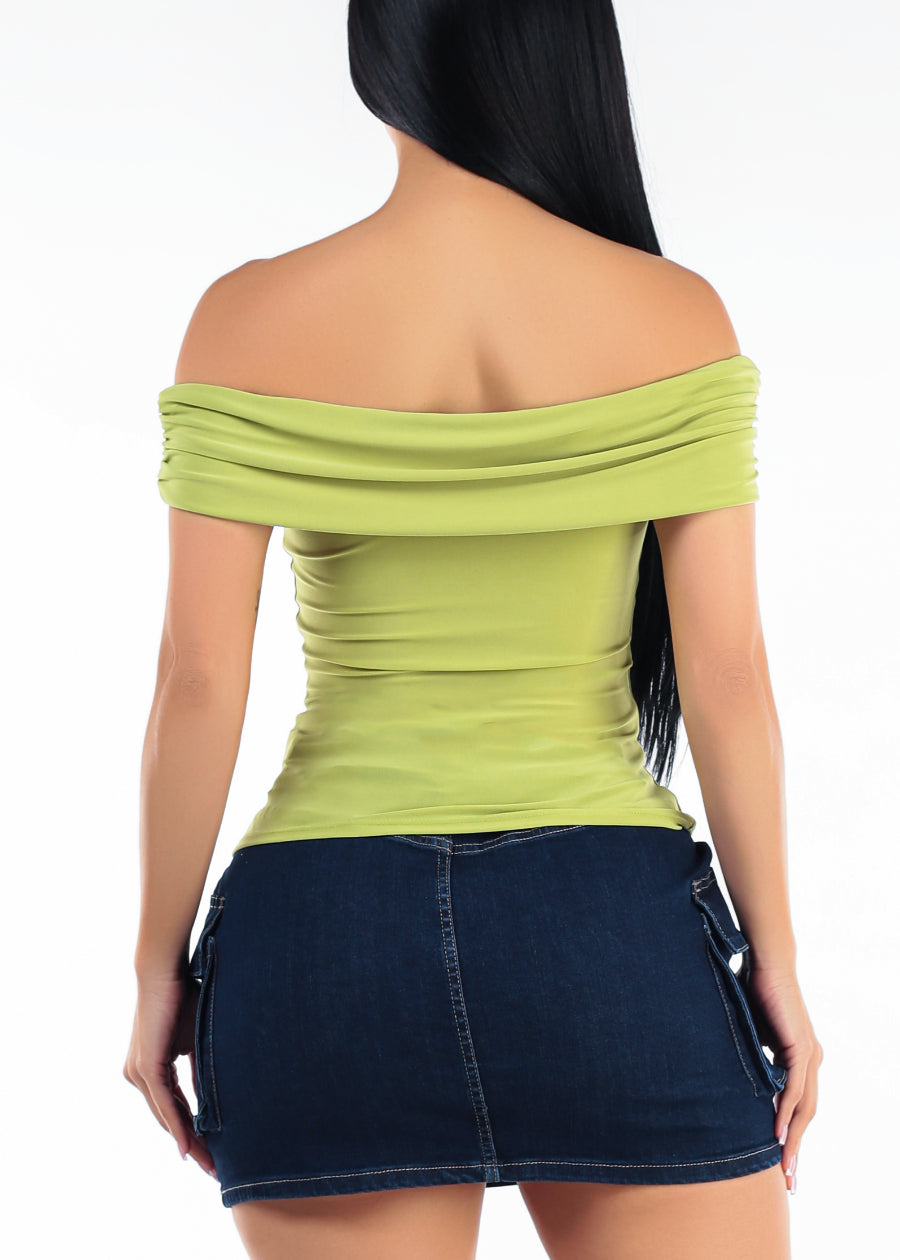 Off Shoulder Ruched Stretch Blouse Kiwi