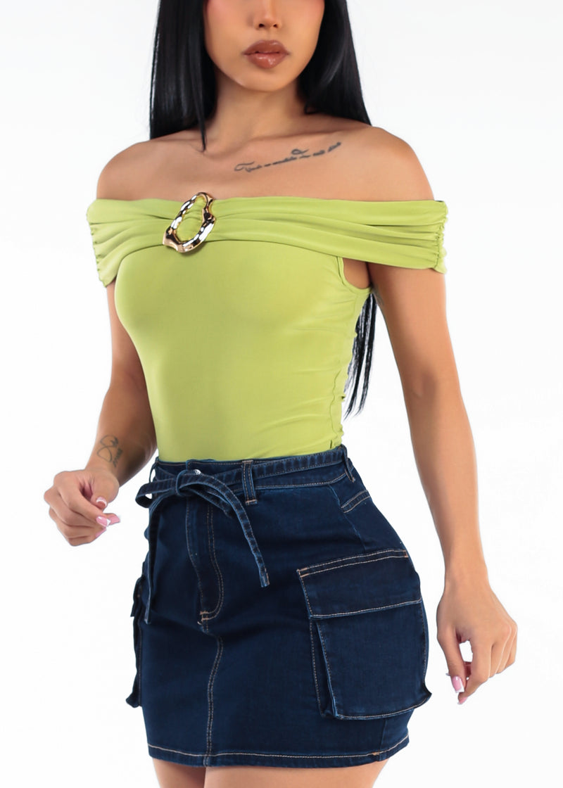 Off Shoulder Ruched Stretch Blouse Kiwi