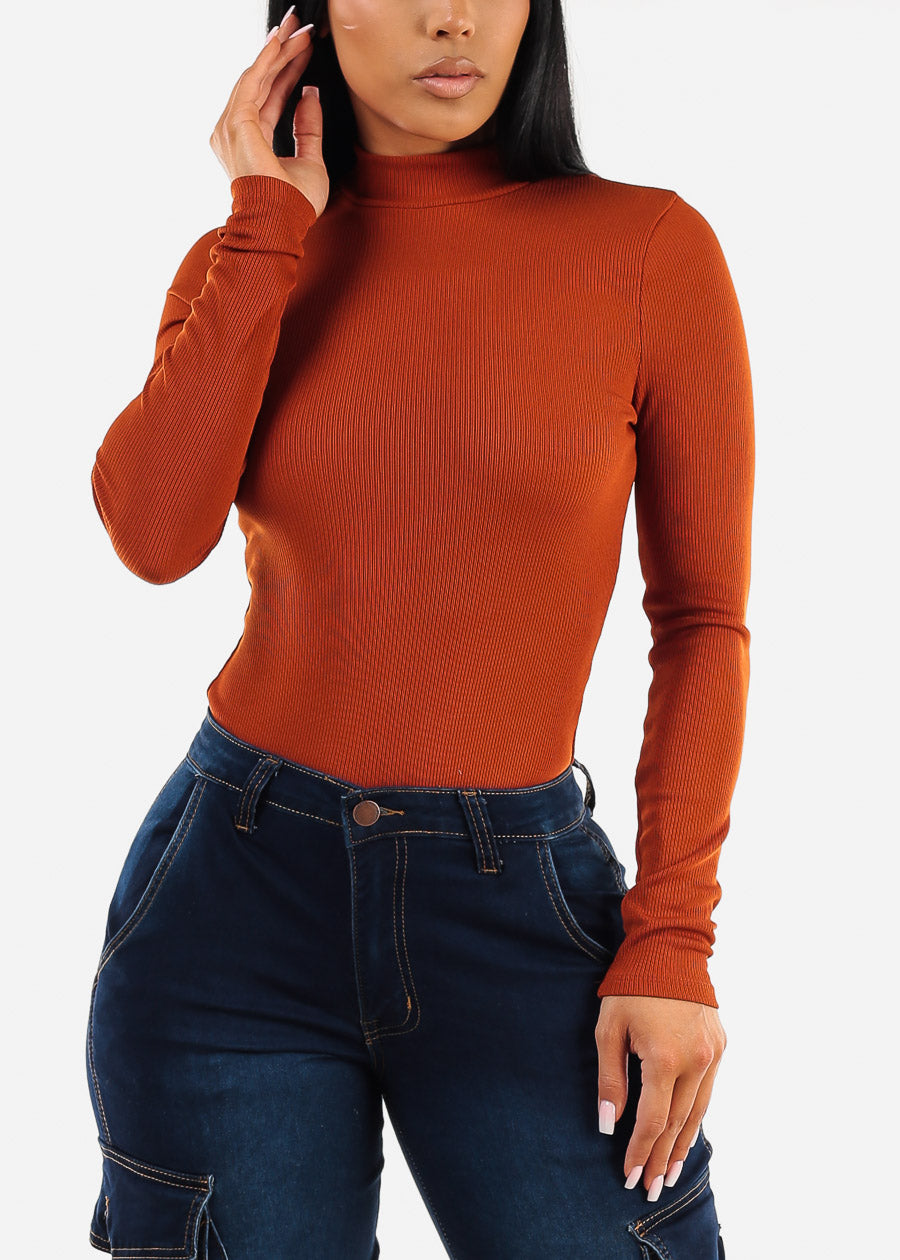 Long Sleeve Ribbed Mock Neck Bodysuit Rust