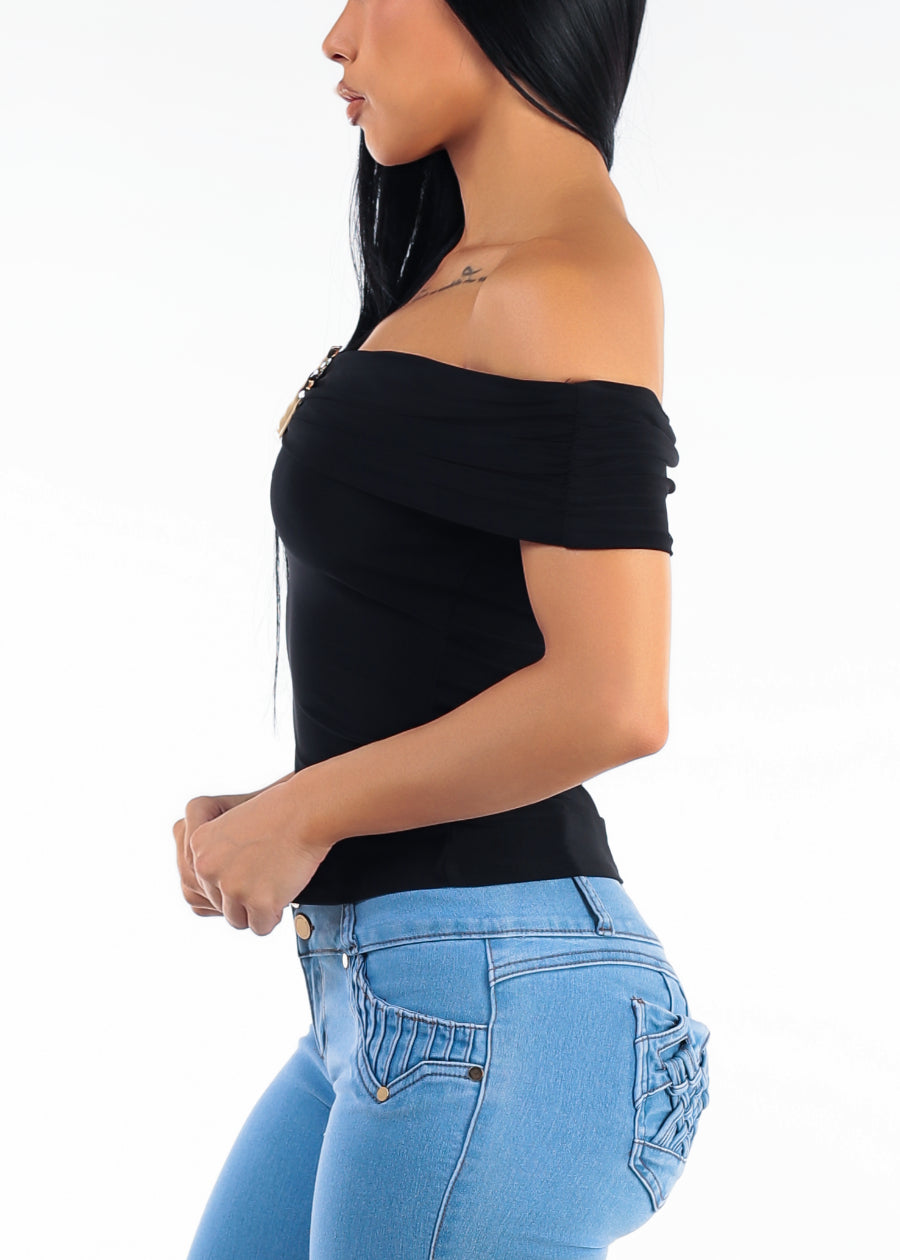 Off Shoulder Ruched Stretch Blouse Black