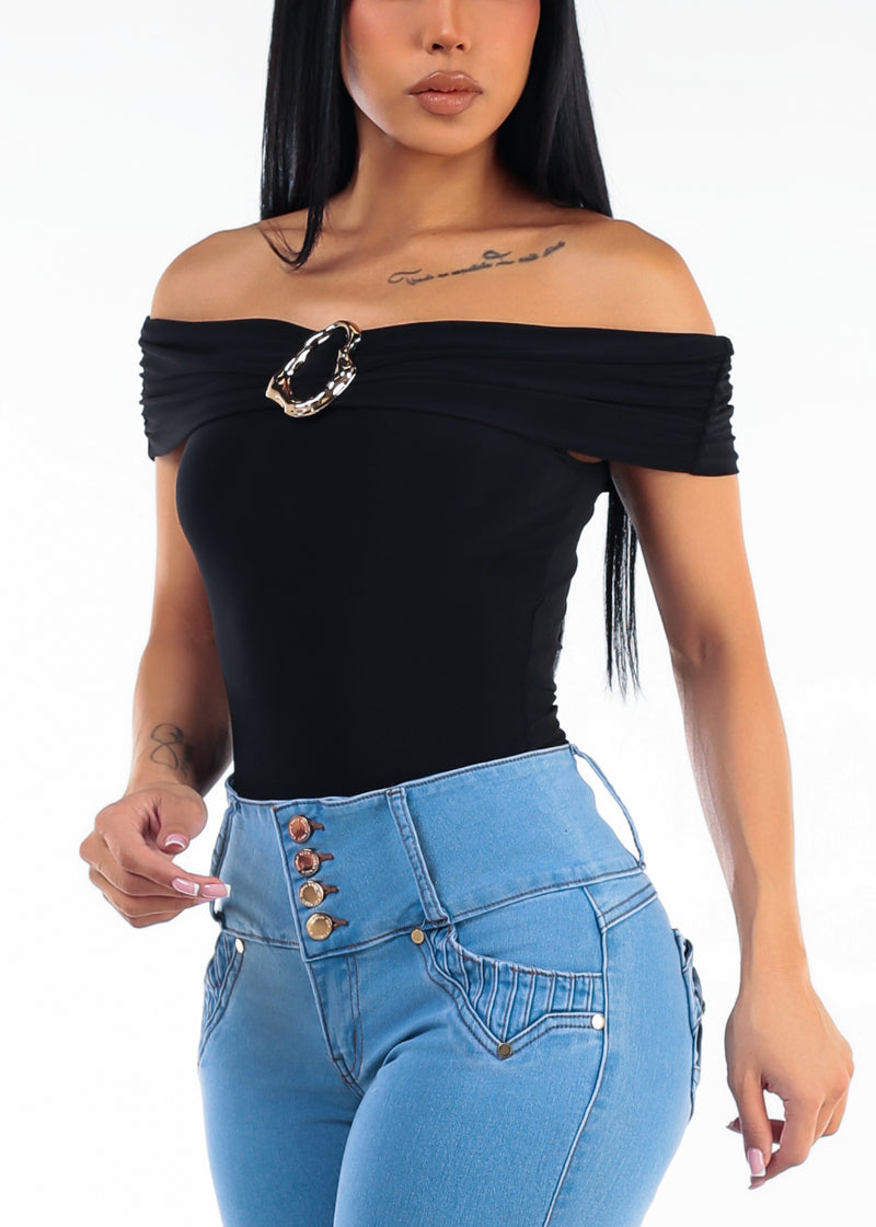Off Shoulder Ruched Stretch Blouse Black