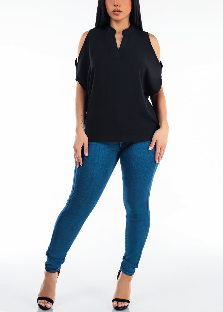 Cold Shoulder Vneck Lightweight Tunic Blouse Black